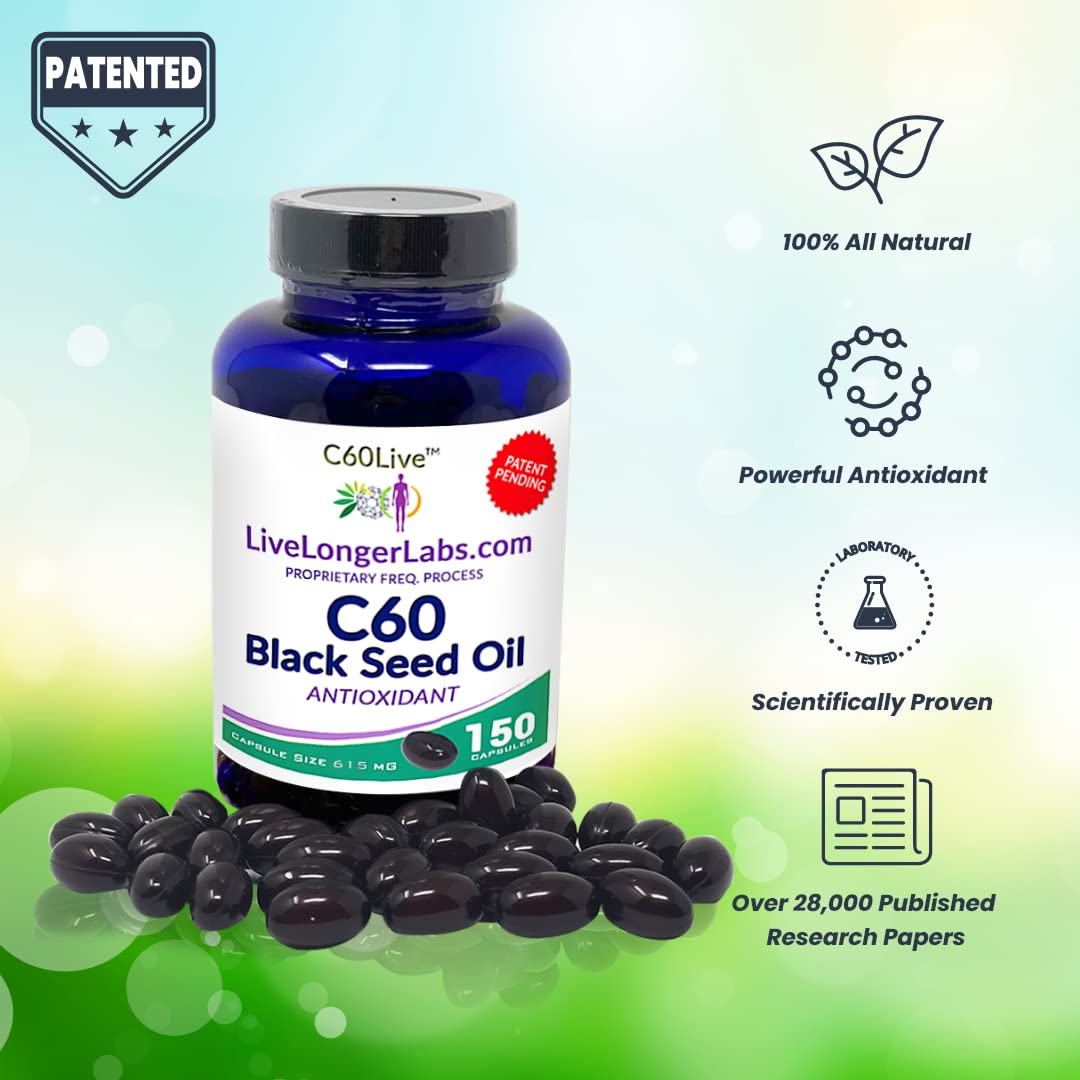 C60live Carbon 60 (Fullerene) with Black Seed Oil Capsule, 150 Count