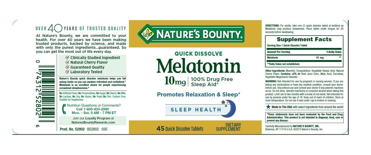 Nature's Bounty Melatonin 10 mg Quick Dissolve Tablets, 45 Count (Pack of 6)