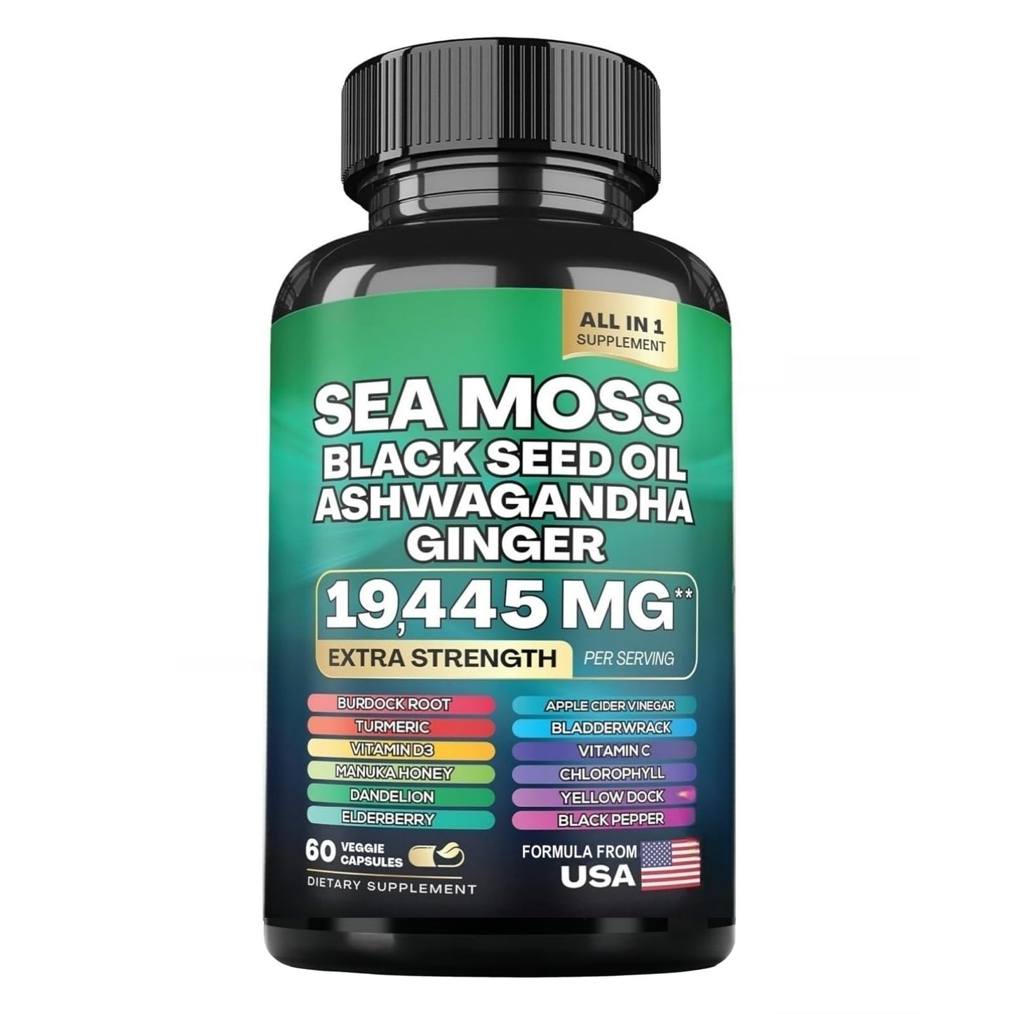 HealthyFinds Sea Moss Black Seed Oil Ashwagandha Ginger Capsules with Turmeric, Bladderwrack, Burdock, Vitamin C & D3, Elderberry, Manuka, Dandelion, Yellow Dock, Iodine, Chlorophyll, ACV, 60 Capsules