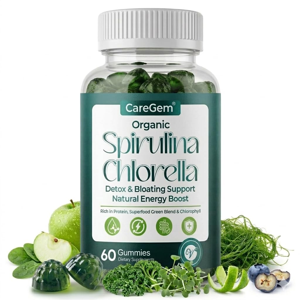 CareGem 38-in-1 Super Greens Gummies with Sea Moss, Spirulina, Chlorella - Bloating Relief & Gut Health - 100% DV Vitamin A, B12, Iron, Magnesium - Energy & Immunity, Vegan - Green Apple, 60 Count