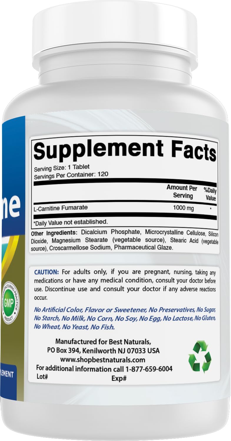Best Naturals L-Carnitine Fumarate 1000mg Tablets, 120 Count