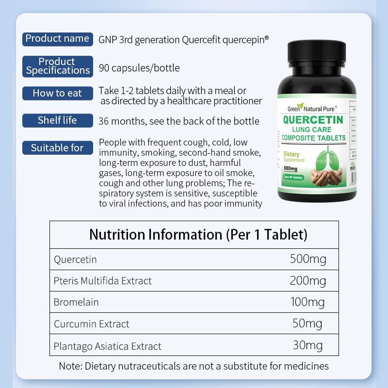 GREEN NATURAL PURE Quercetin Lung Care 880mg Highly Absorption Complex Food Support Supplement for Adult, 90 Capsules