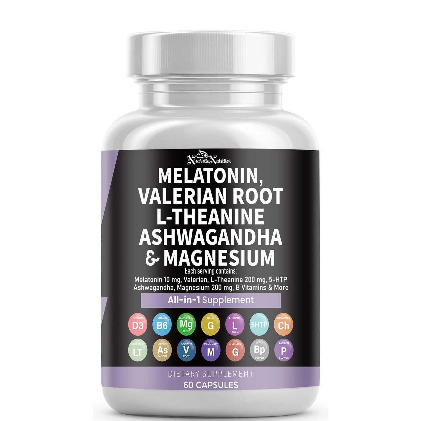 NeuVelleNutrition Melatonin Capsules with Valerian Root, Ashwagandha, L-Theanine, Magnesium, 5-HTP, GABA, Chamomile, Lemon Balm, Passion Flower, Griffonia Extract, Vitamin C & L-Glycine Supplement, 60 Count