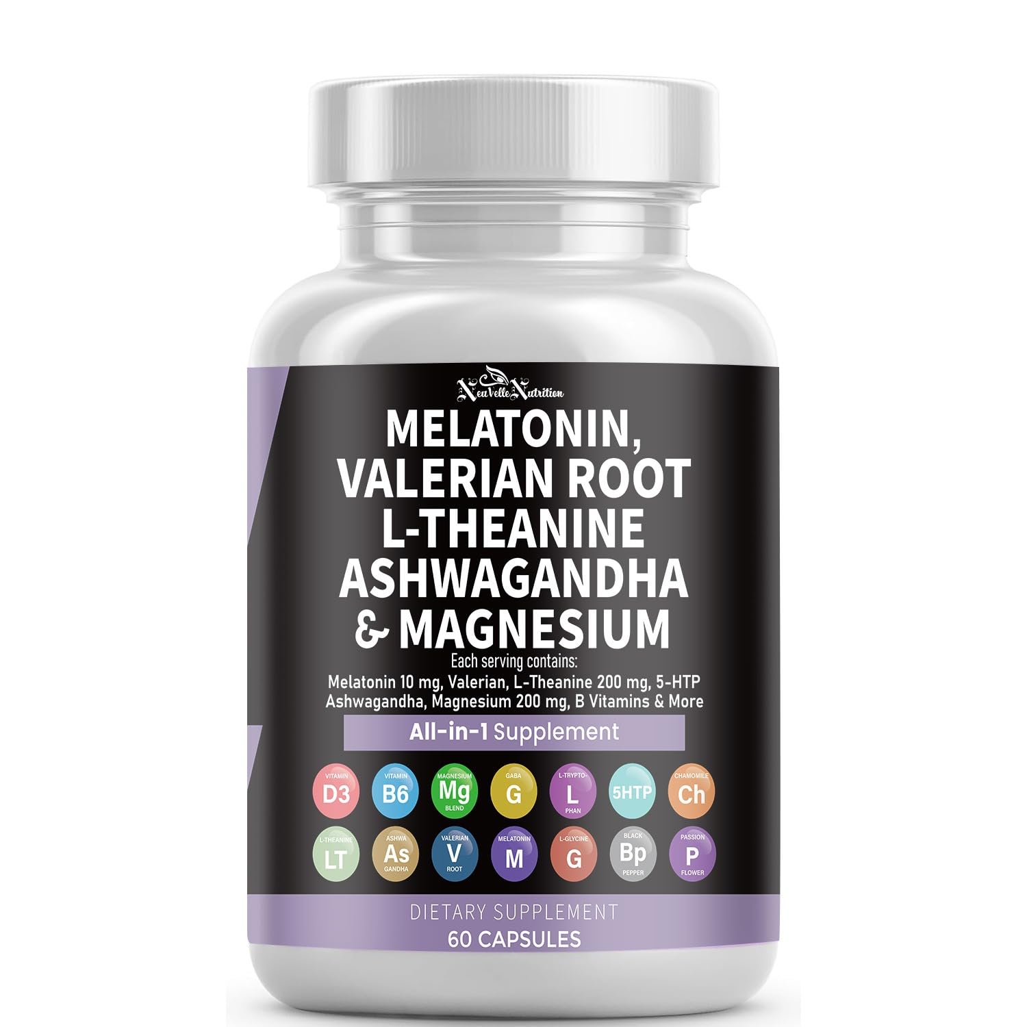 NeuVelleNutrition Melatonin Capsules with Valerian Root, Ashwagandha, L-Theanine, Magnesium, 5-HTP, GABA, Chamomile, Lemon Balm, Passion Flower, Griffonia Extract, Vitamin C & L-Glycine Supplement, 60 Count