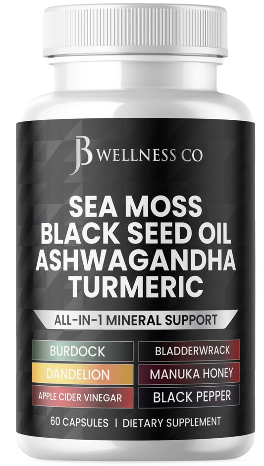 JB Wellness Co Sea Moss Black Seed Oil Ashwagandha Turmeric Bladderwrack Burdock Capsules 60 Count