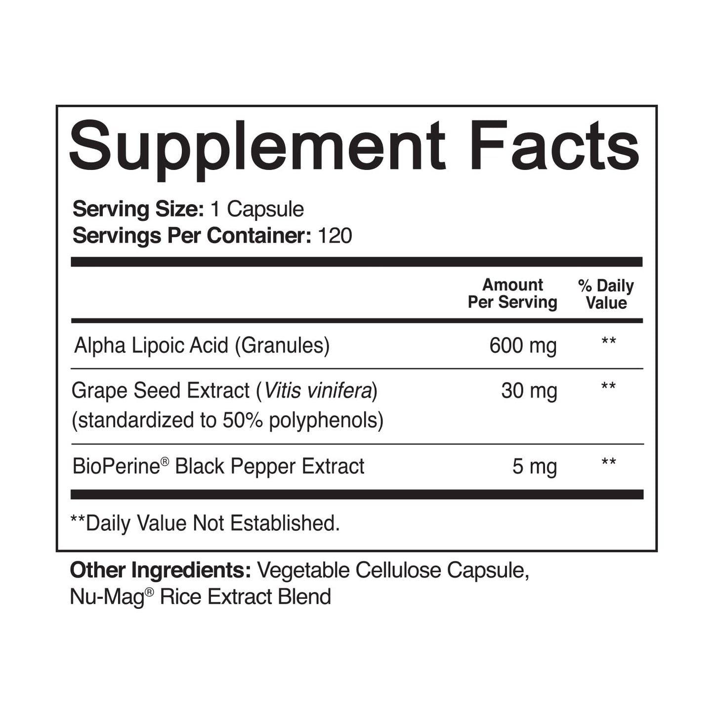 NutriFlair Alpha Lipoic Acid 600mg Capsules 120 Count