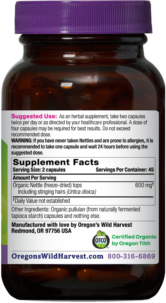Oregon's Wild Harvest Certified Organic Nettle Capsules with Stinging Hairs, 90 Count