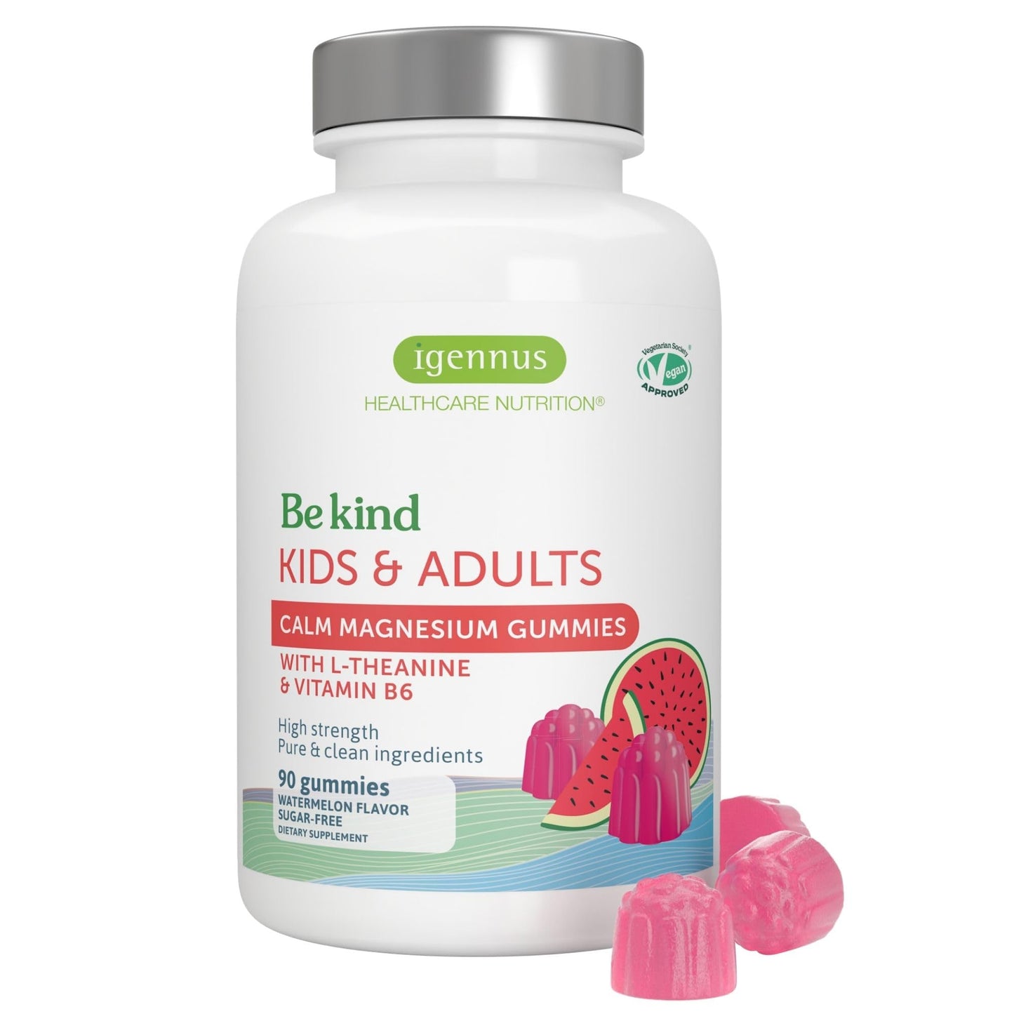 Igennus Healthcare Nutrition High Potency Calm Magnesium Gummies, 60mg Magnesium per Gummy, L-Theanine 100mg & Vitamin B6 3mg, Daily Stress Support for Kids & Adults, Sugar-Free, Watermelon Flavor, 90 Gummies