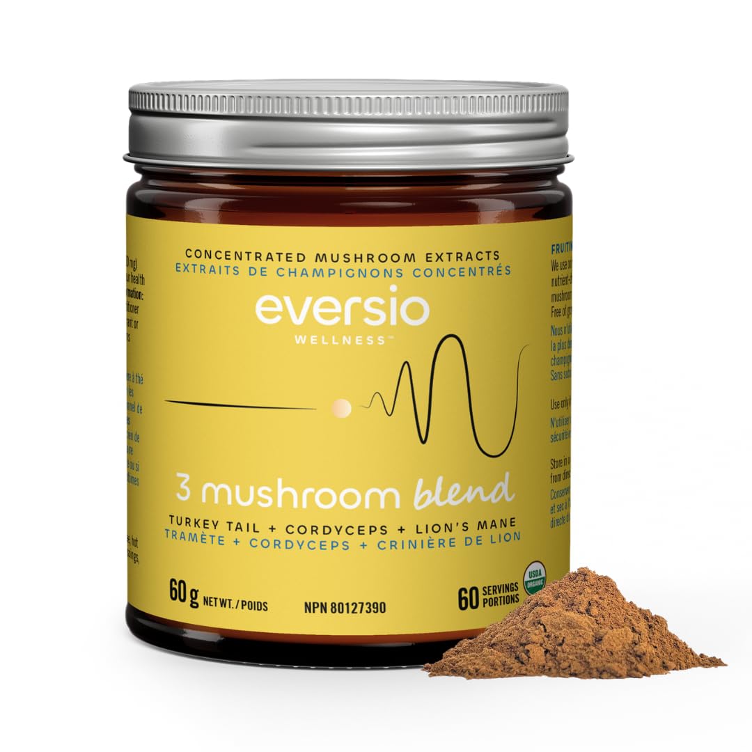 Eversio Wellness Organic 3 Mushroom Blend Complex Powder – Lion’s Mane, Cordyceps & Turkey Tail Fruiting Body Extract – Daily Wellness & Energy Support – 60 Servings