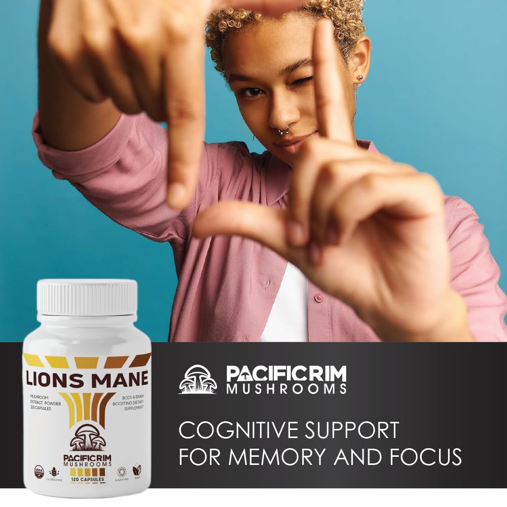 Pacific Rim Mushrooms Lion’s Mane 10,000 mg Equivalent – 10:1 Organic Extract with Verified Beta-Glucans Capsules, 300