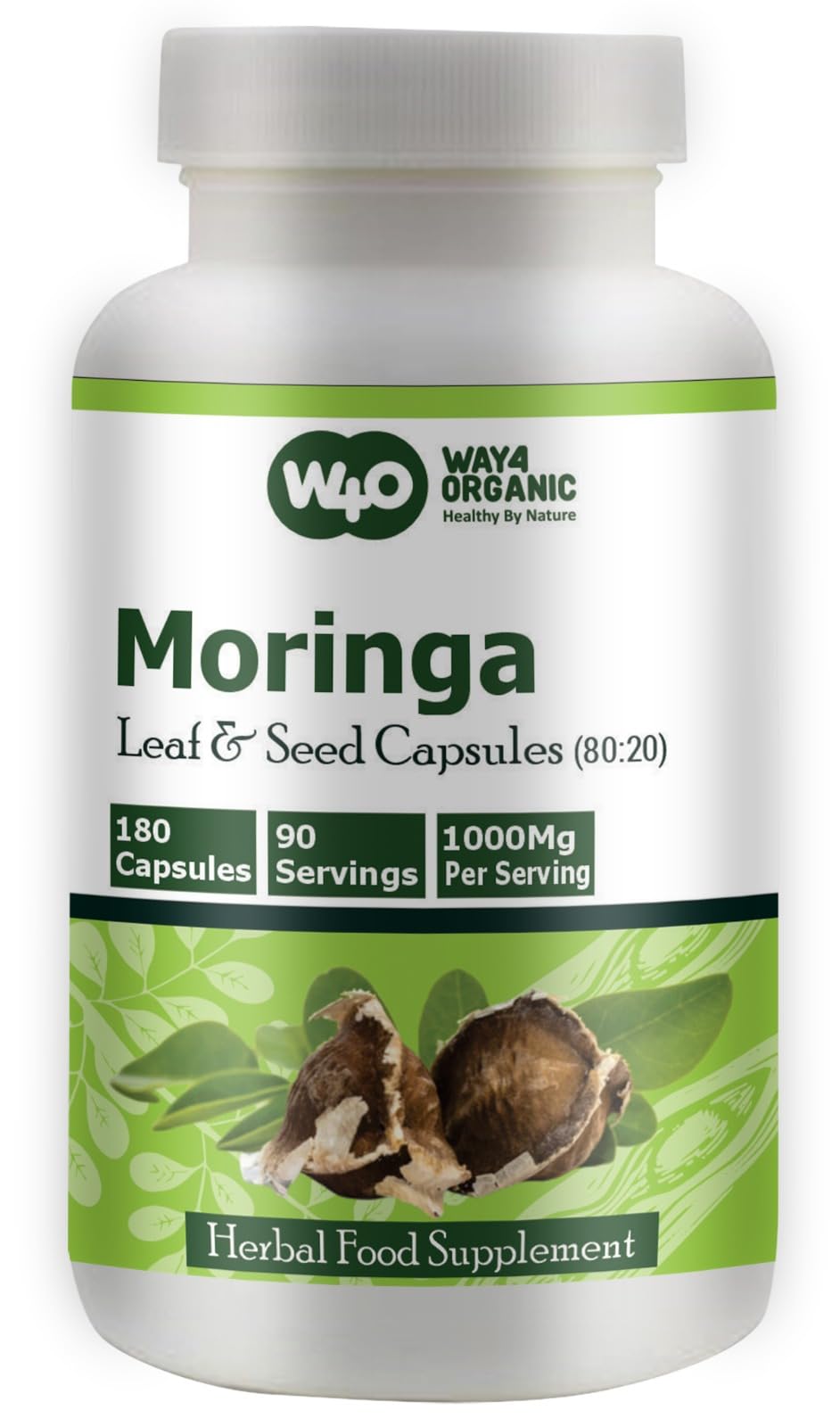 WAY 4 ORGANIC W4O Moringa Oleifera Leaf and Seed Powder (80:20) Ratio Capsule 1 Count