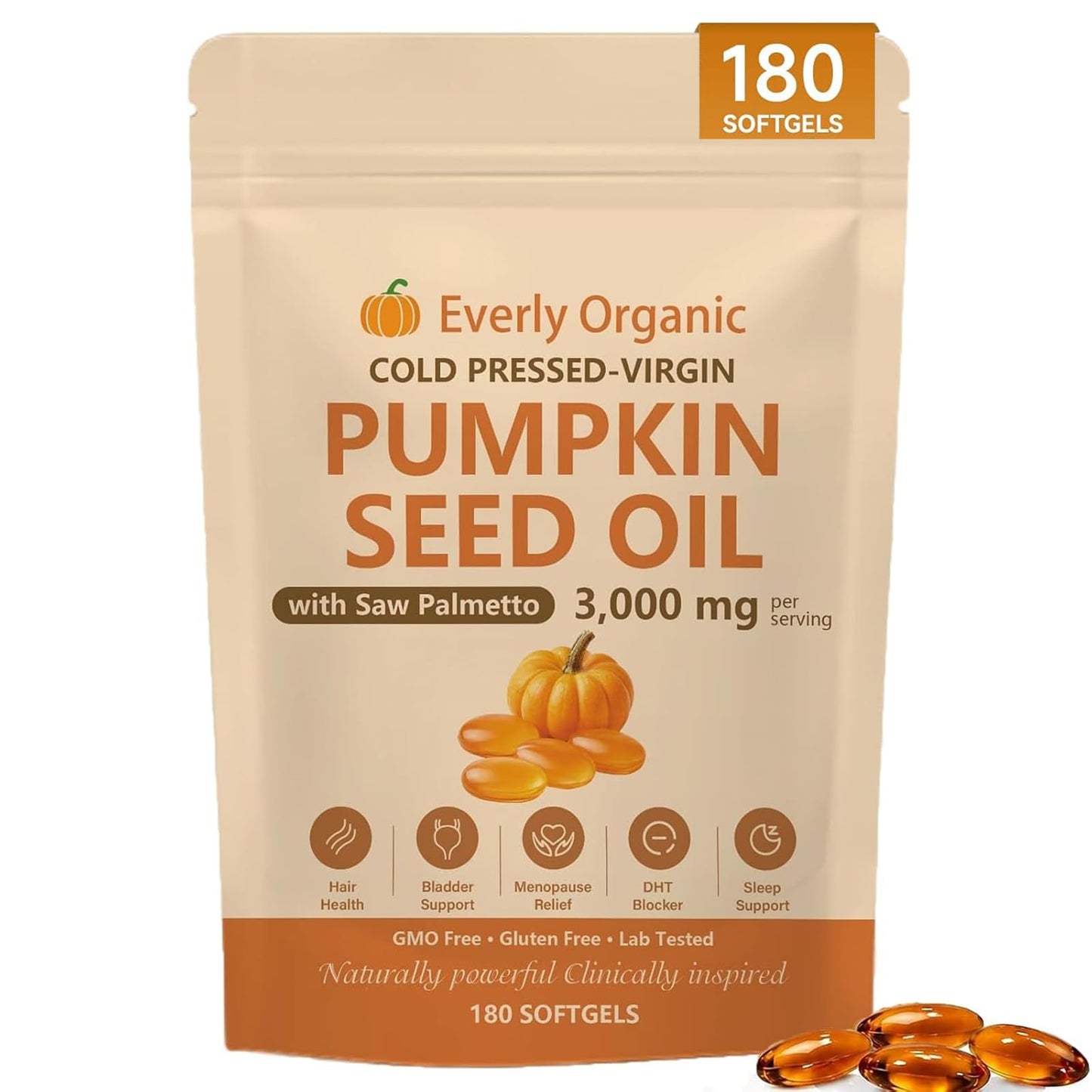 Everly Organic Pumpkin Seed Oil with Saw Palmetto Softgels, 180-count