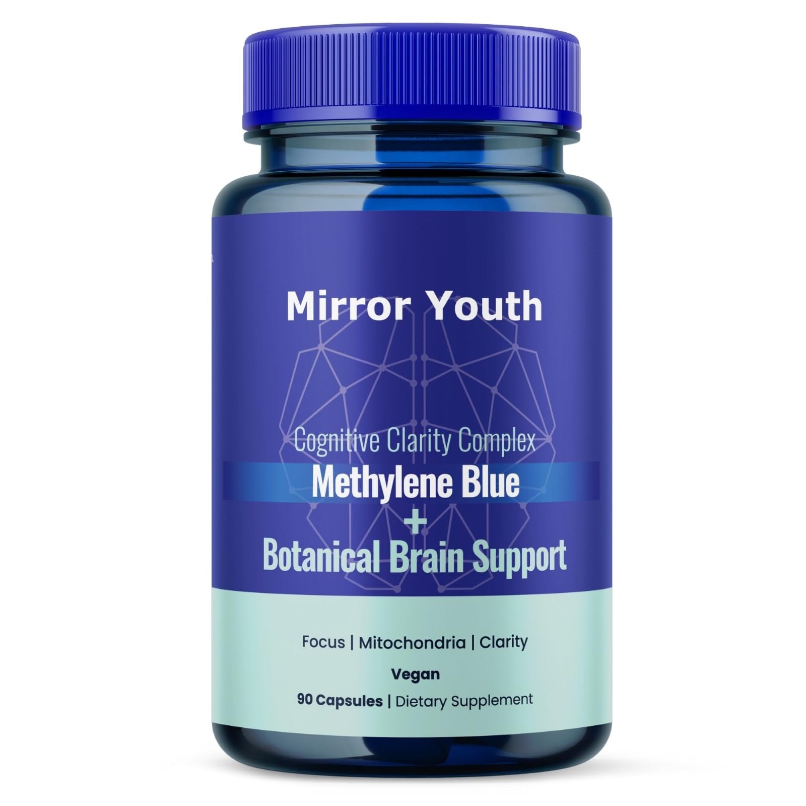 Mirror Youth Methylene Blue Supplement – USP Grade Nootropic Capsules with PQQ, Lion’s Mane, L-Theanine, Nobiletin – Vegan, Caffeine-Free Brain, Memory & Energy Support, 90 Capsules