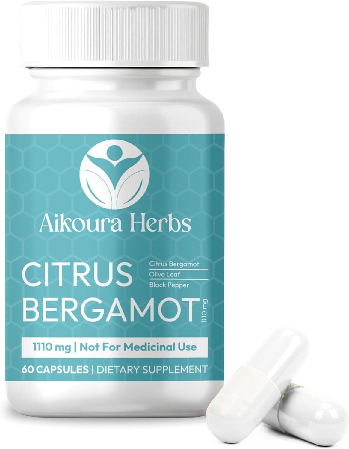 AIKOURA HERBS Citrus Bergamot Supplement 1110mg with Niacin, Olive Leaf & Black Pepper 60 Capsules