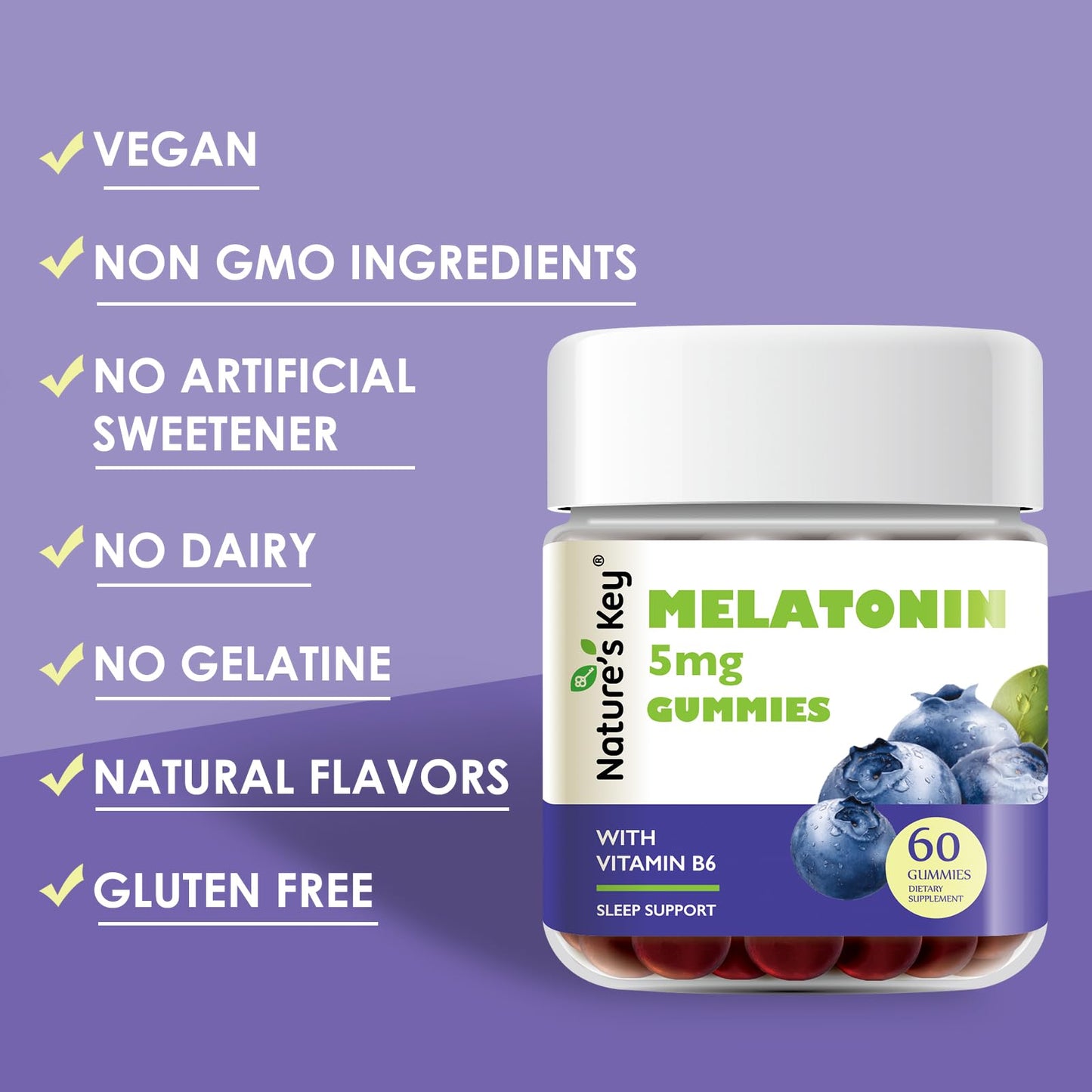 Nature's Key Melatonin Gummies 5mg with Vitamin B6 Sleep Support, Blueberry, 60 Count