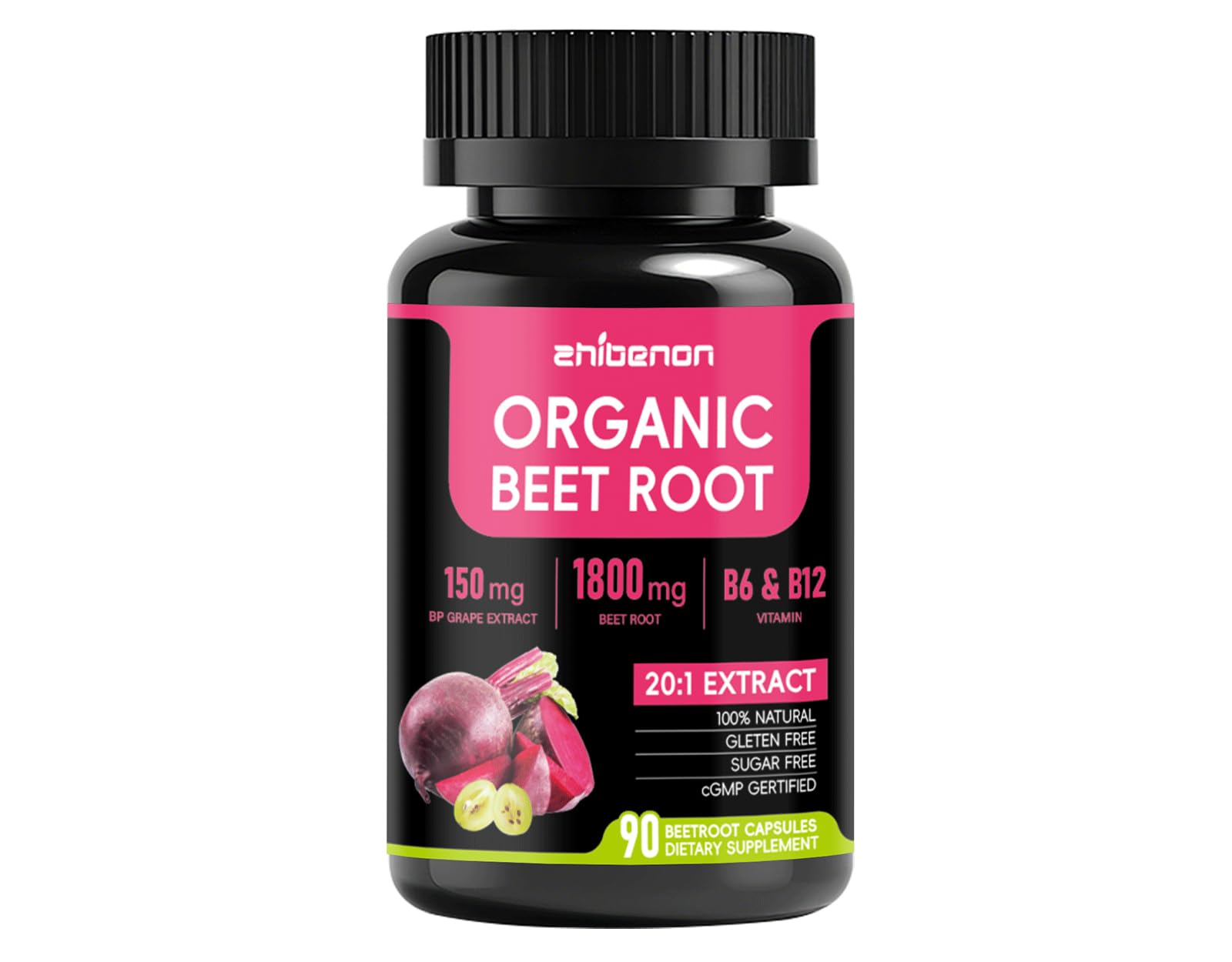 Zhibenon Beet Root Capsules 1800mg Beetroot 20:1 Extract with Grape Seed Hawthorn, 90 Count