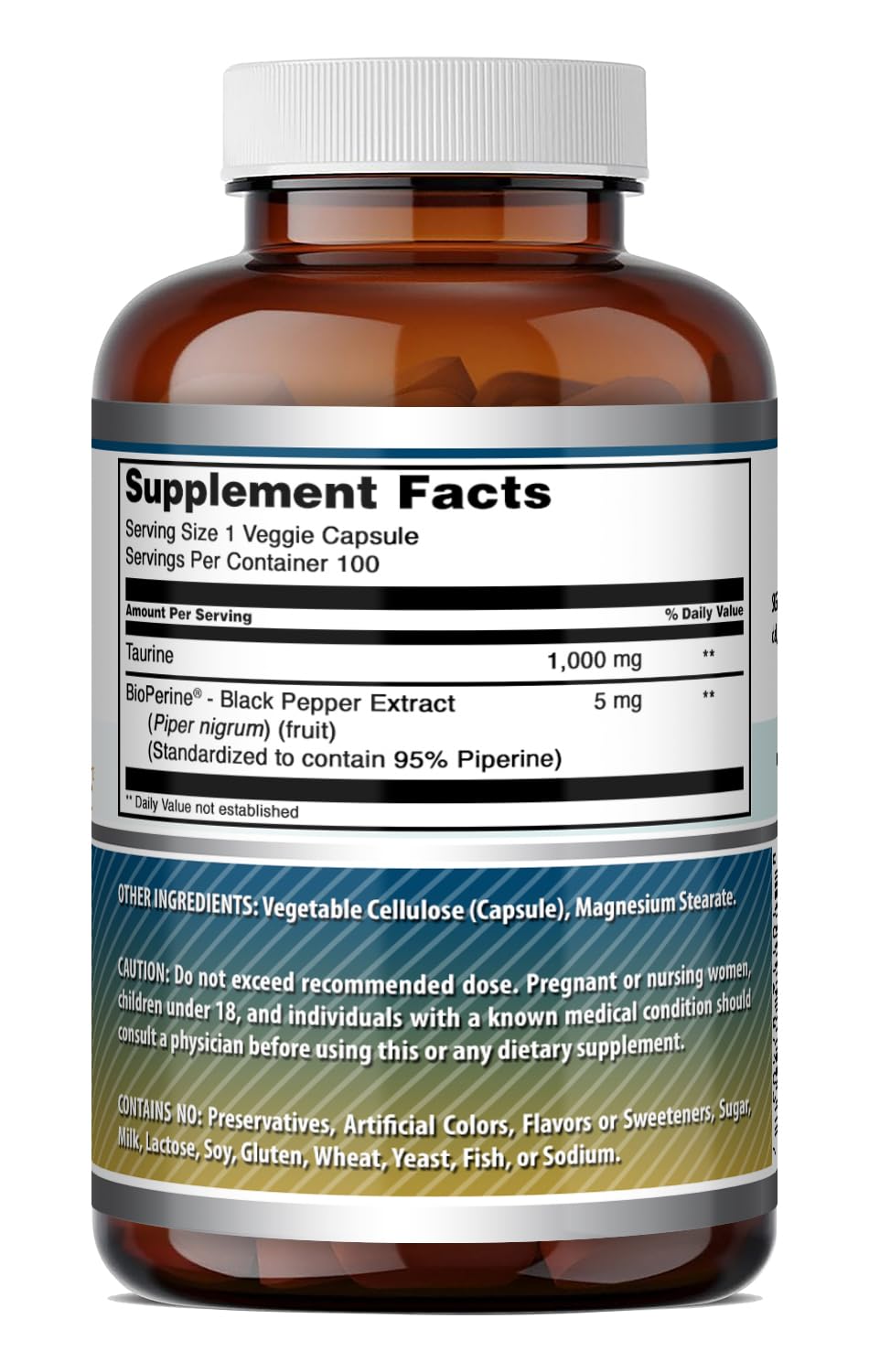 Amazing Nutrition Taurine with Bioperine 1000 Mg Capsules, 100 Count