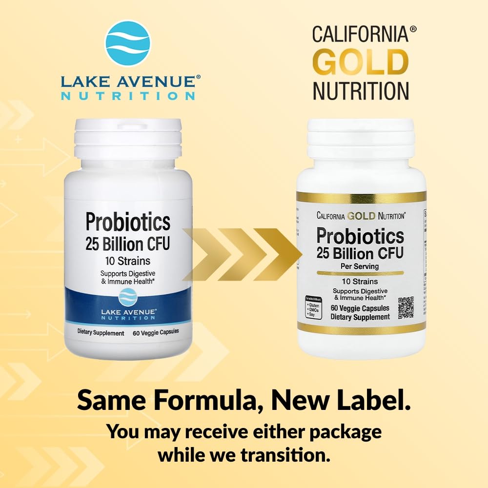Lake Avenue Probiotics 10 Strain Blend, 25 Billion CFU, Supports Digestive & Immune Health, 60 Capsules