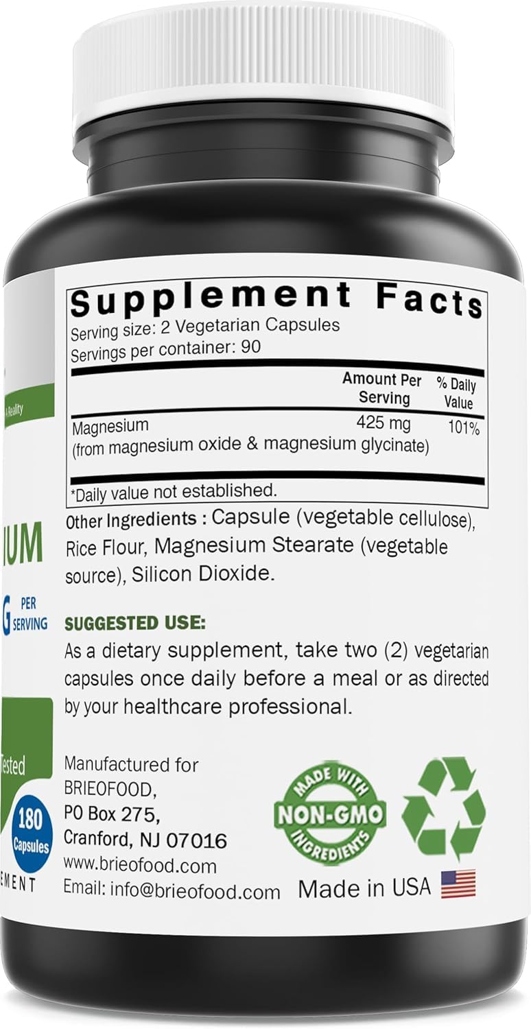 Brieofood Magnesium 425mg (Glycinate & Oxide) Capsules 180 Count