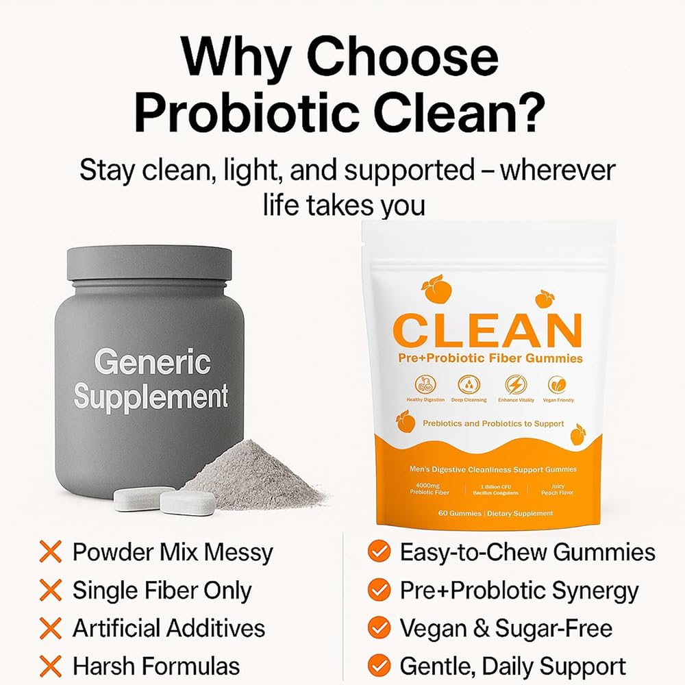 TADALAPRO Clean Prebiotic Fiber Gummies for Men, Pre+Probiotic Fiber Gummies, Gut Balance, Digestive Support & Daily Clean Confidence, Men's Cleaning Support Gummies, Peach Flavor, 60 Count