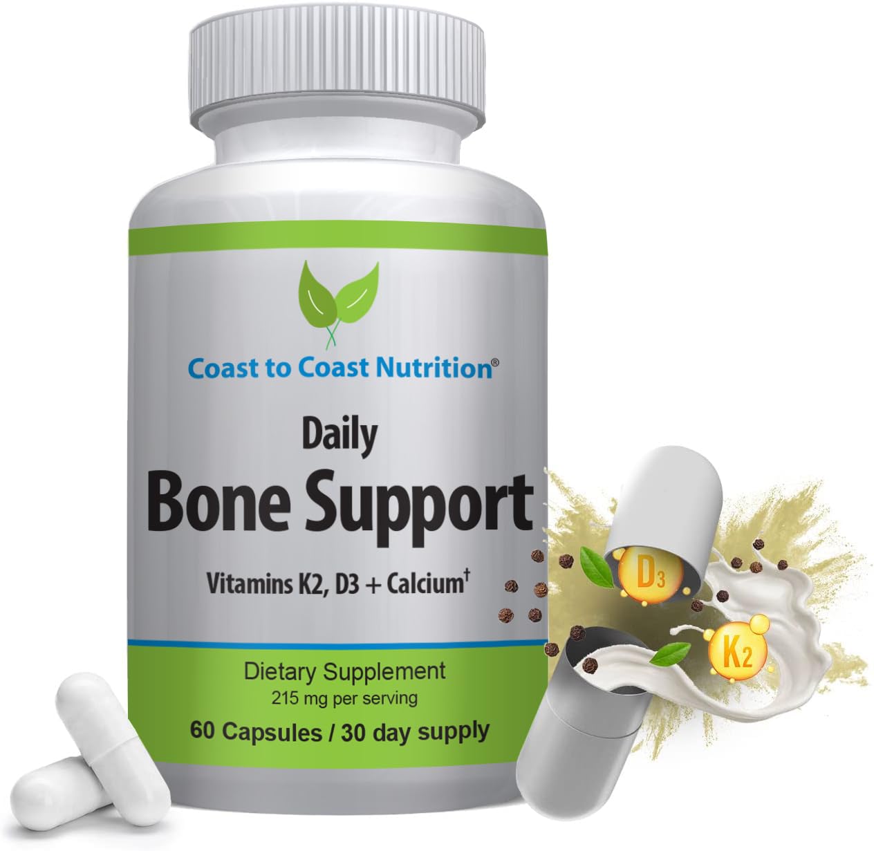 Coast to Coast Nutrition Daily Bone Support Calcium Supplement with Vitamin D3, K2 Capsules, 60 Count