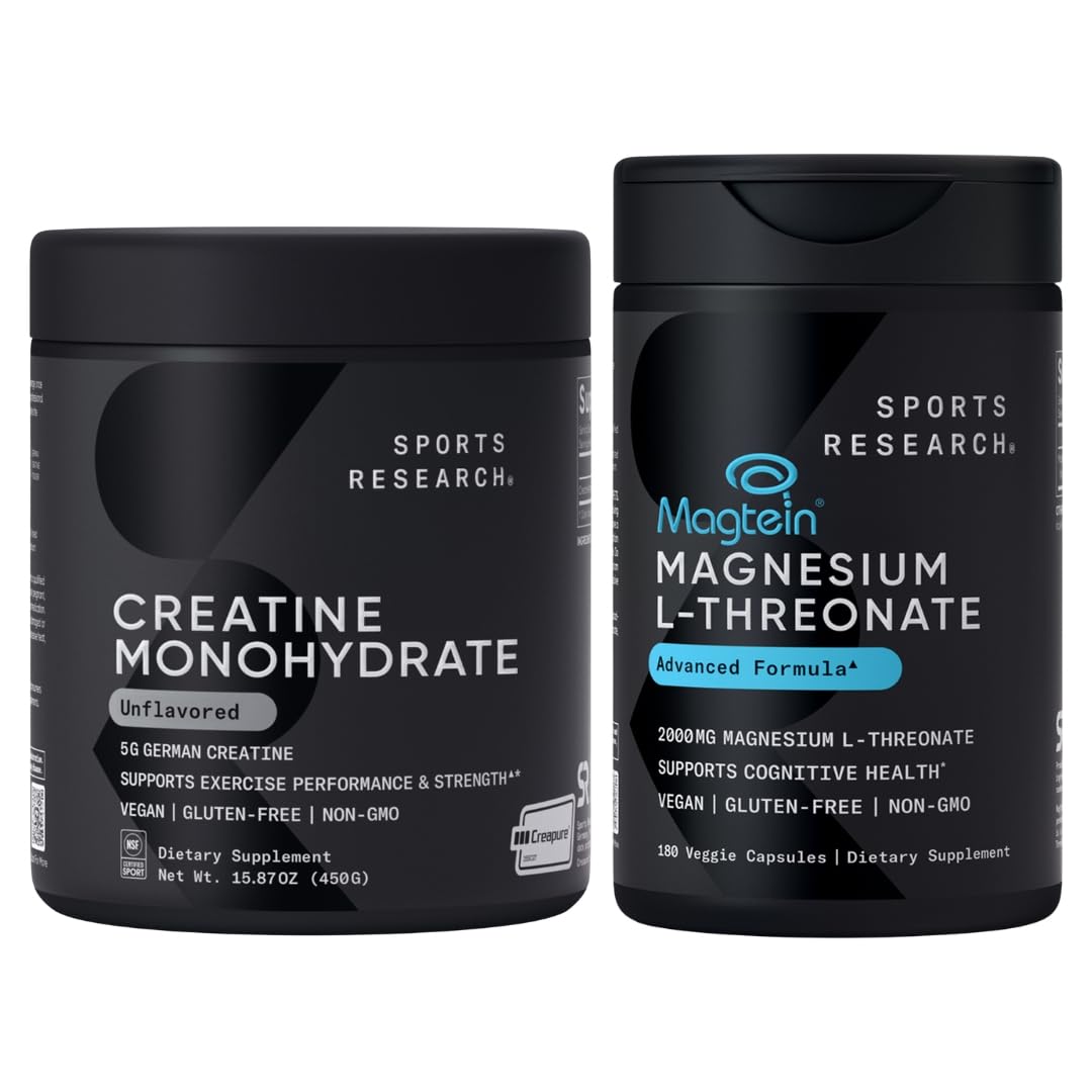 Sports Research Gym Pro Pack Creatine Monohydrate Powder with Creapure and Magnesium L-Threonate Capsules 2000mg