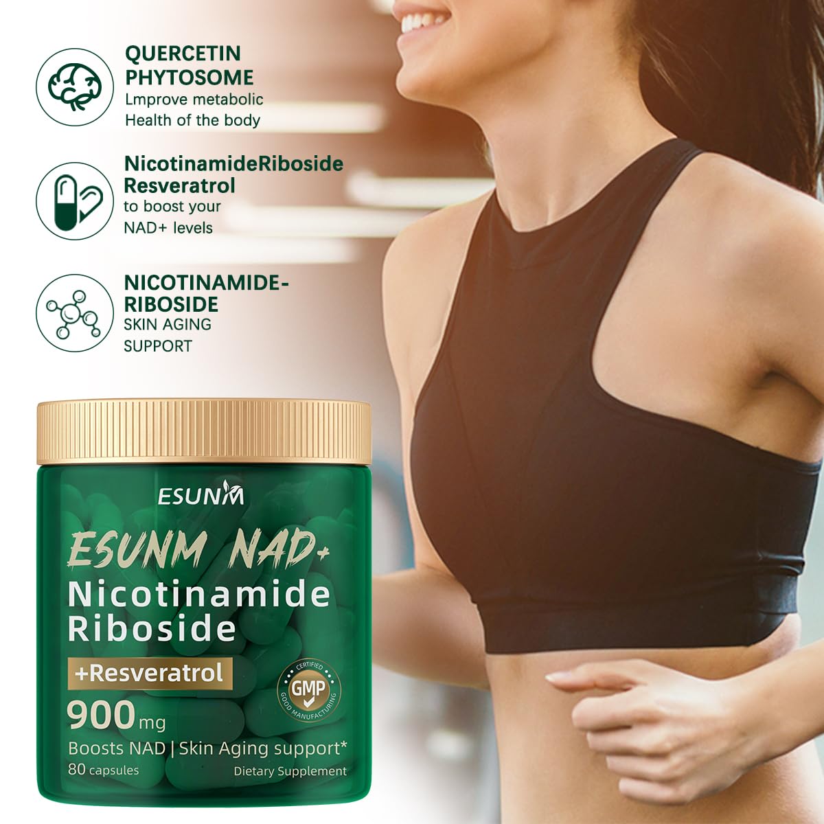 ESUNM Liposomal NAD+ Supplement with Resveratrol NMN, Capsules, 80 Count