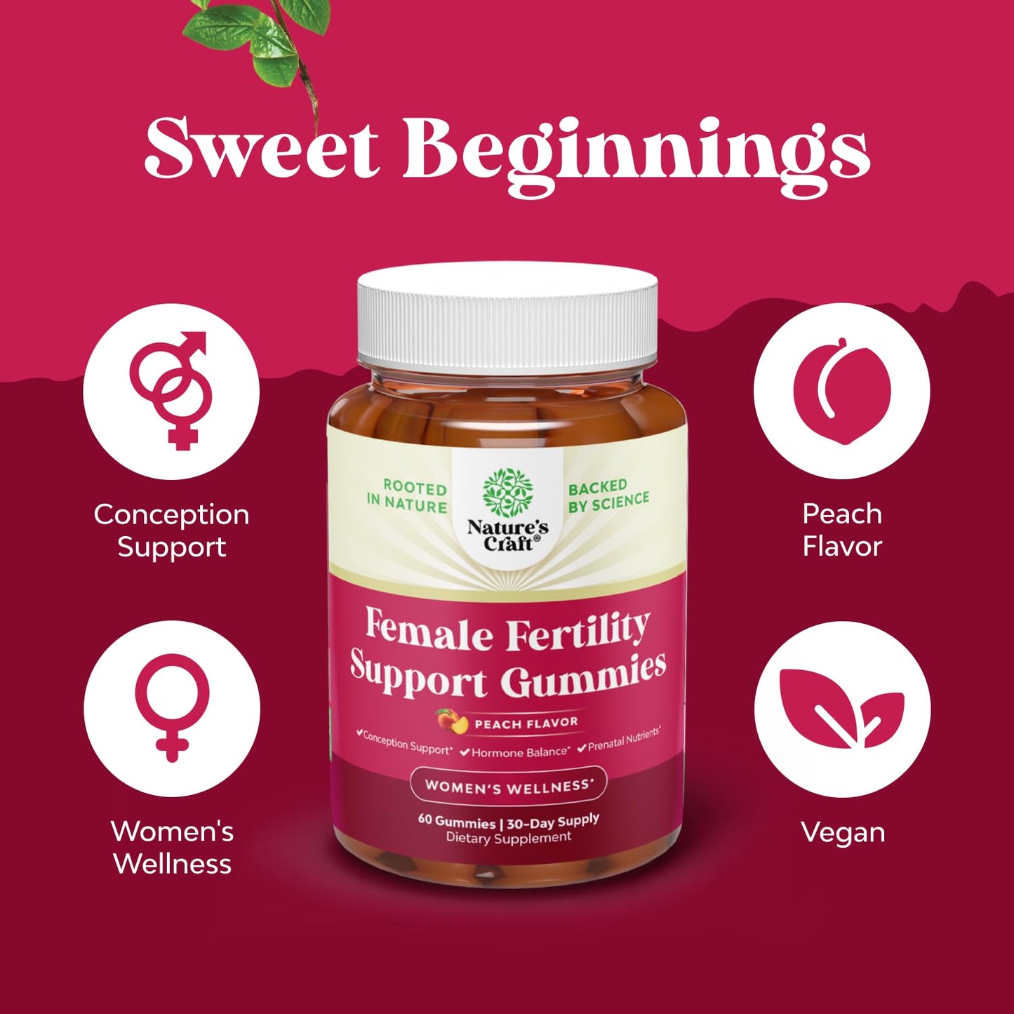 Natures Craft Fertility Gummies for Women Trying to Conceive - Yummy Gummy Fertility Supplement with Myo-Inositol Folic Acid & Vitex Chasteberry - Vegan Non-GMO Gluten Free - Juicy Peach - 60 Count