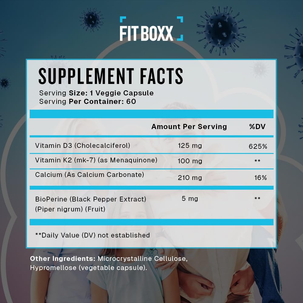 Fit Boxx Heart & Bone Complete Vitamin D3 5000 IU, K2 MK-7 & Calcium 60 Capsules
