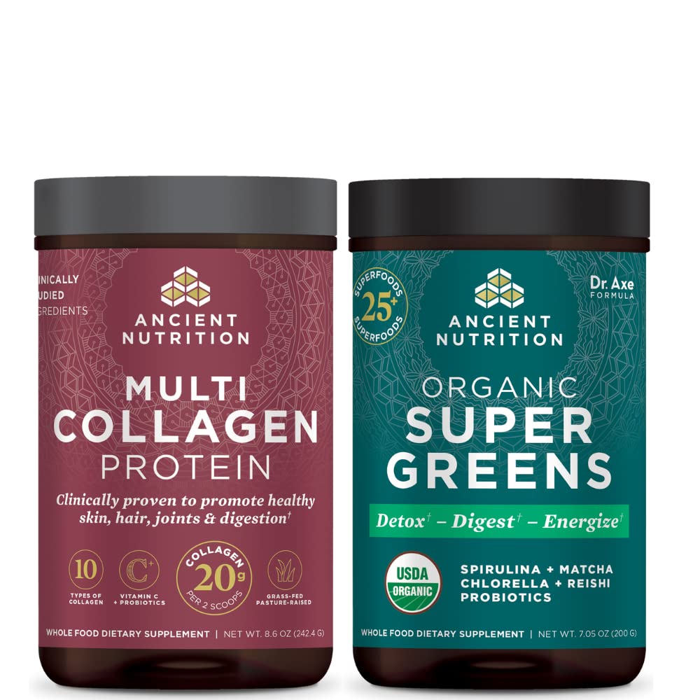 Ancient Nutrition Multi Collagen Protein Powder + Supergreens Powder, Unflavored & Greens Flavor, 24 Servings + 25 Servings