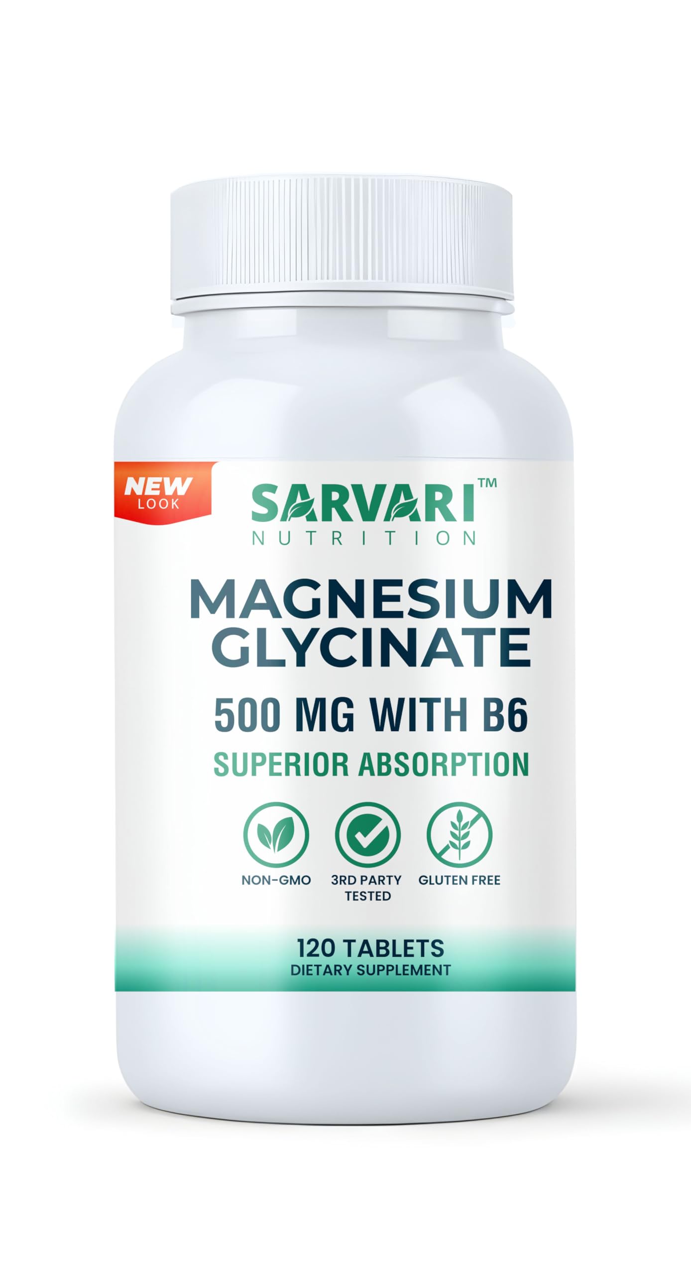 Sarvari Nutrition Magnesium Glycinate Supplement 500mg Tablets 120 Count