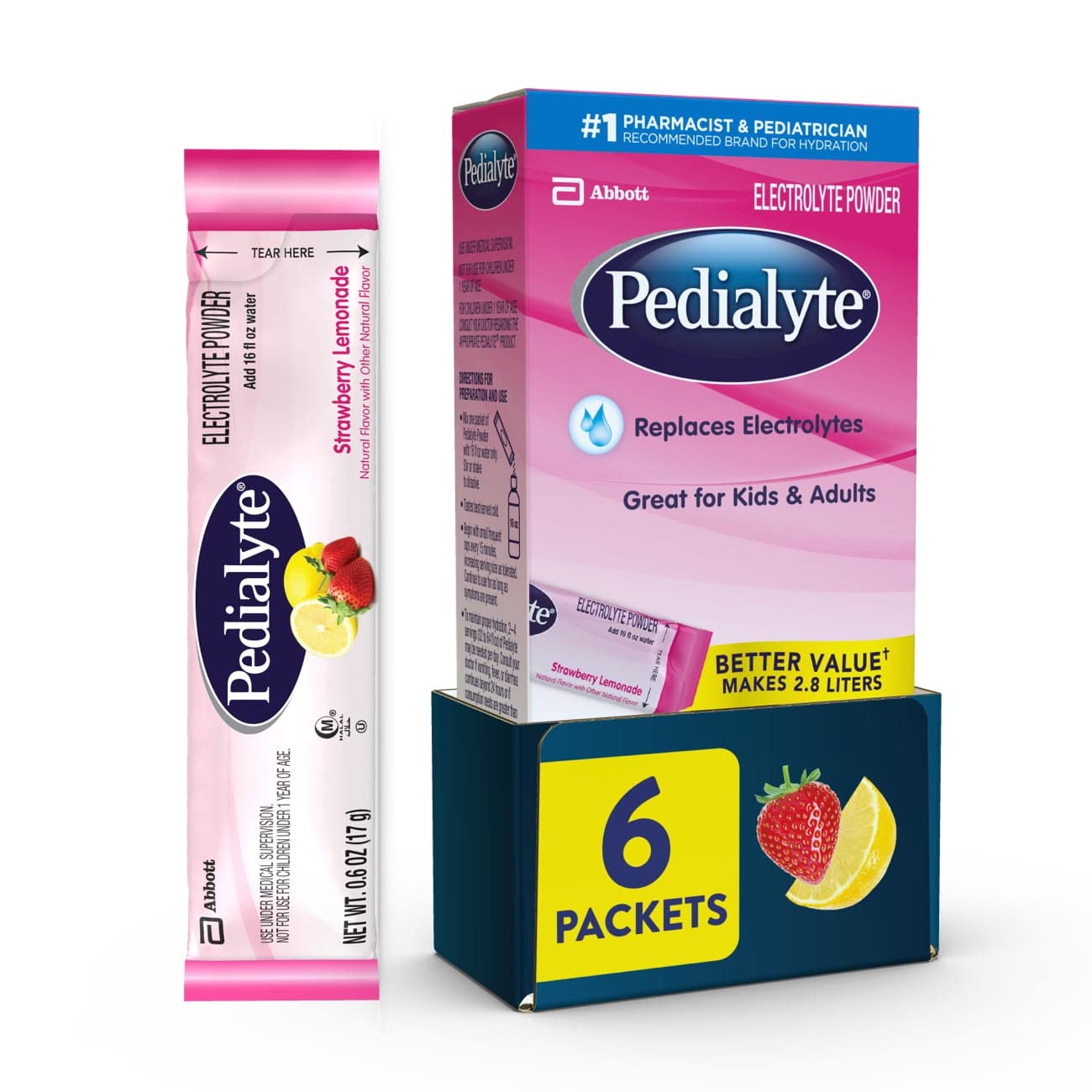 Pedialyte Electrolyte Powder Strawberry Lemonade, 6 Count