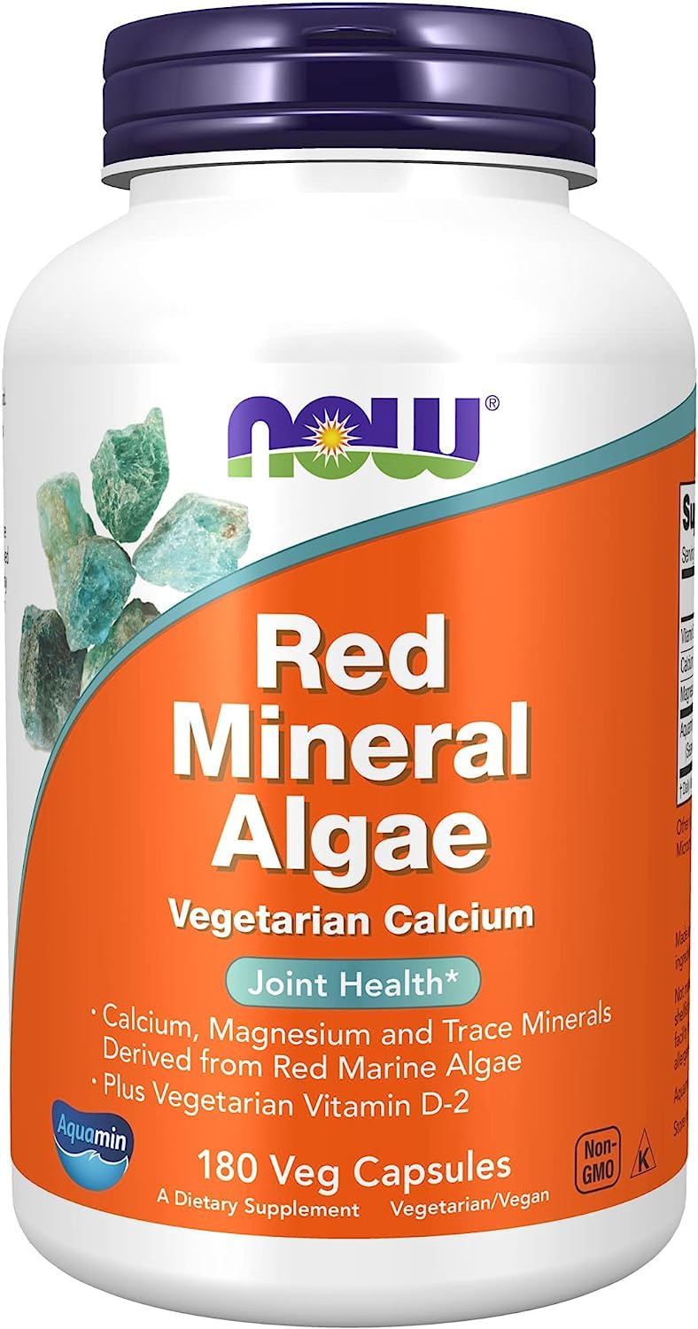 NOW Foods Red Mineral Algae Plus Vitamin D-2 Vegetarian Calcium Joint Health, 180 Capsules