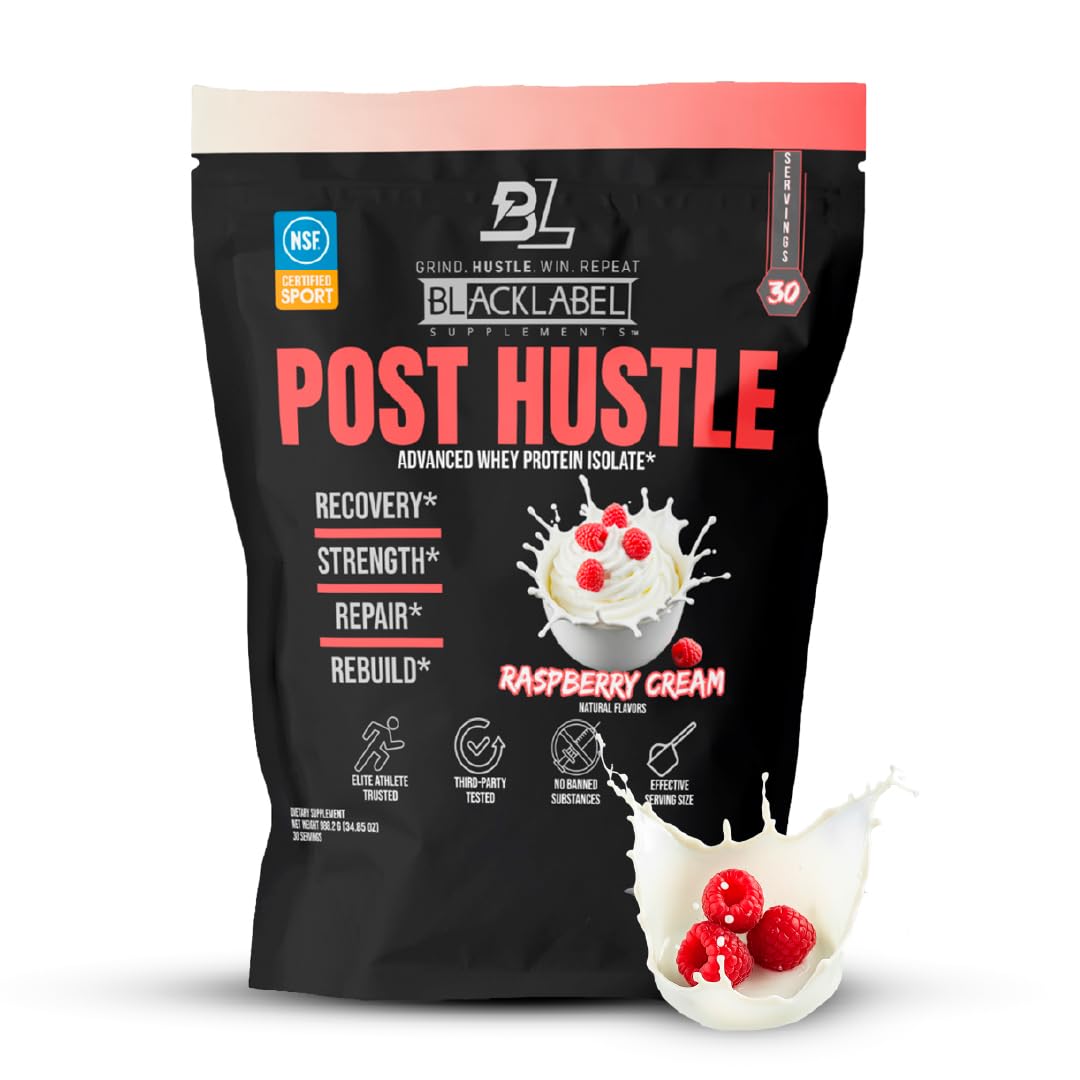 BLACKLABEL Supplements Post Hustle Post Workout Protein Powder 40 Servings – Whey Isolate Protein Powder with Digestive Enzymes – Raspberry Cream