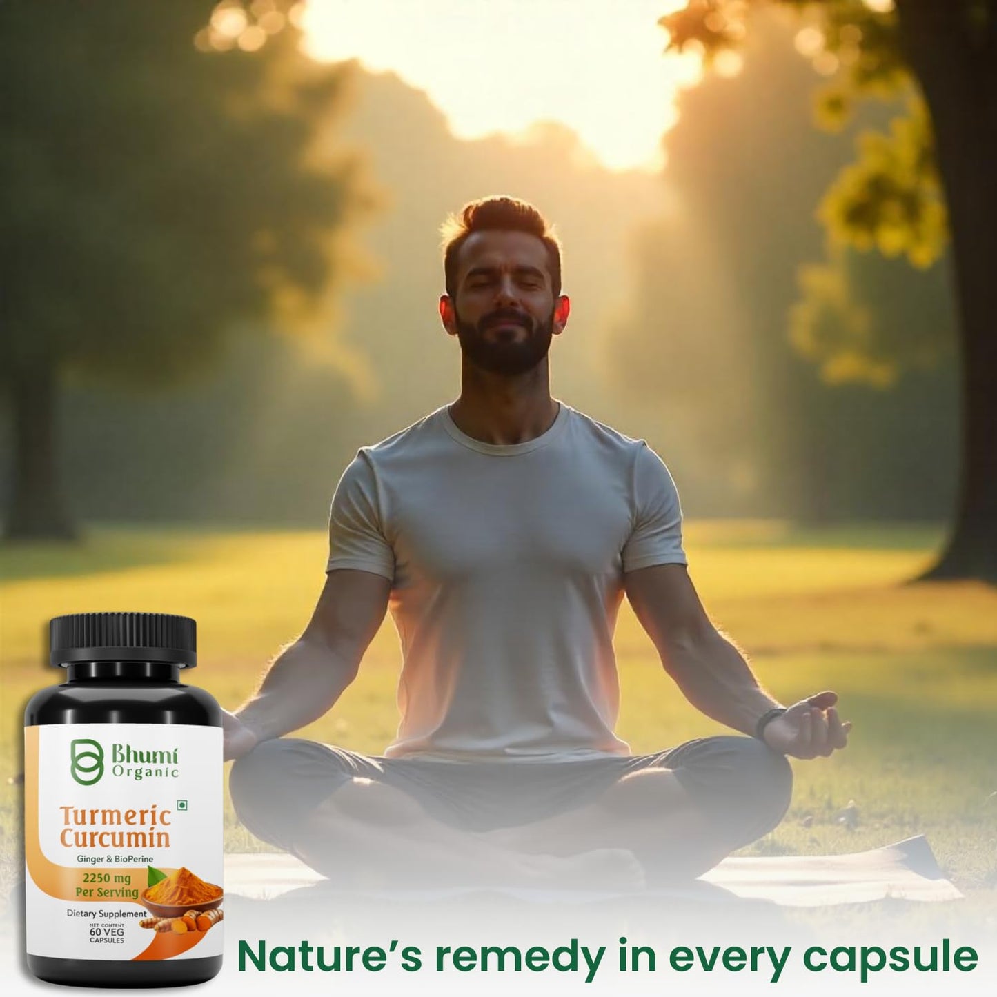Bhumi Organic 4-in-1 Turmeric Curcumin Ginger Supplements with Bioperine 2250 mg, Capsules, 60 Count