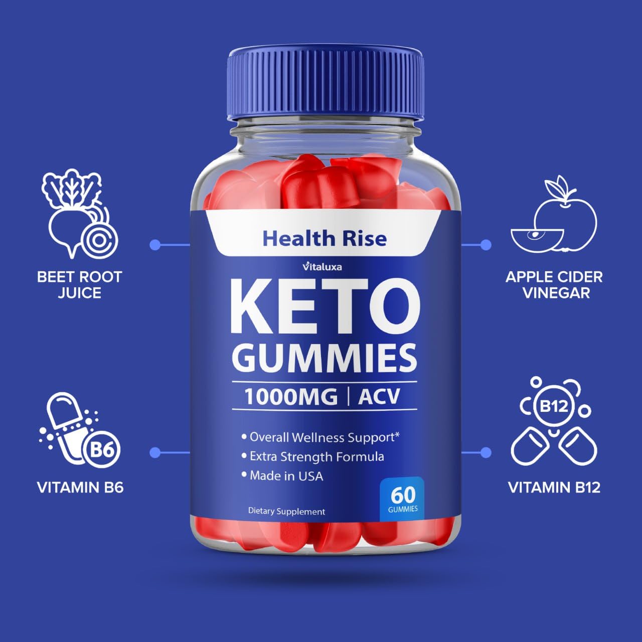 Vitaluxa Health Rise Keto ACV Gummies, Gummy, 300