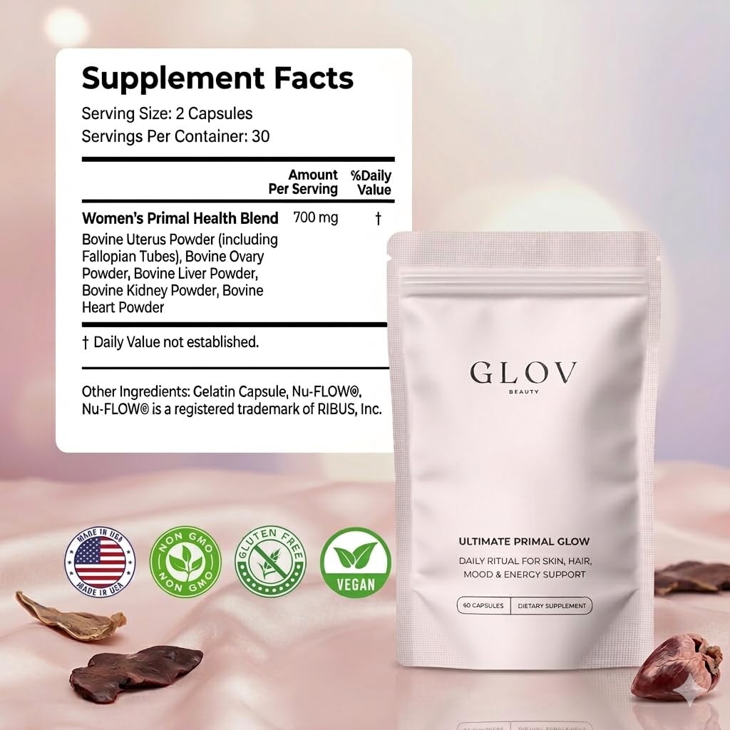 Glov Beauty Ultimate Primal Glow Grass-Fed Beef Organ Supplement Capsule, 60 Capsules