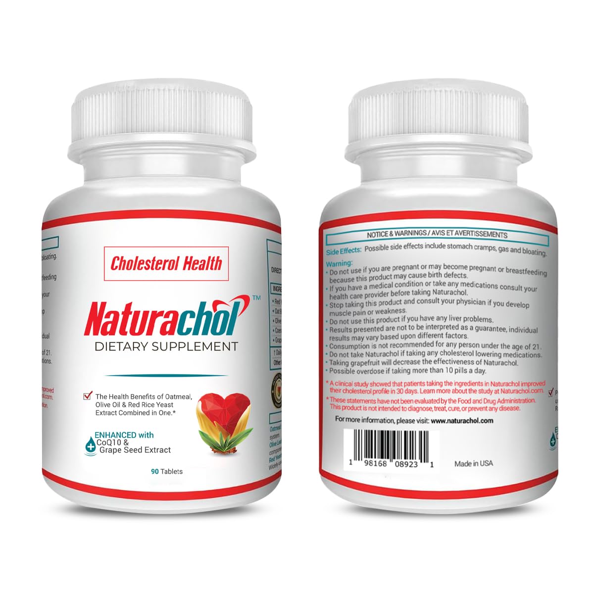 Naturachol Cholesterol Support Formula – Red Yeast Rice & CoQ10 with Olive Leaf, Oat Beta Glucan & Grape Seed – 90 Tablets