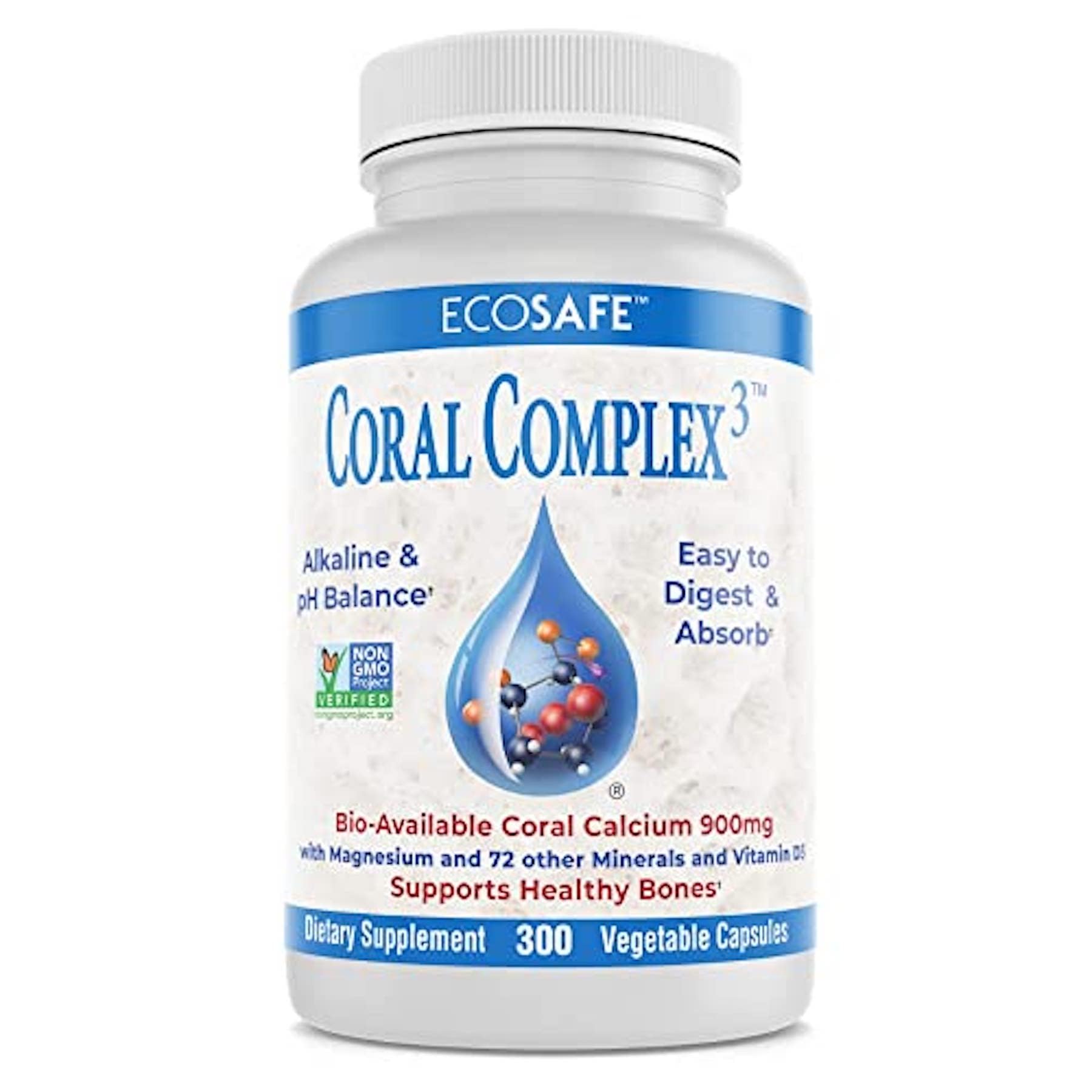 Coral White Coral Complex 3 Calcium Supplement Vitamin D3 & Magnesium – 900 mg Bioavailable Coral Calcium for Bone Strength, Joint Support & pH Balance – Trace Minerals, Non-GMO, 300 Veg Capsules