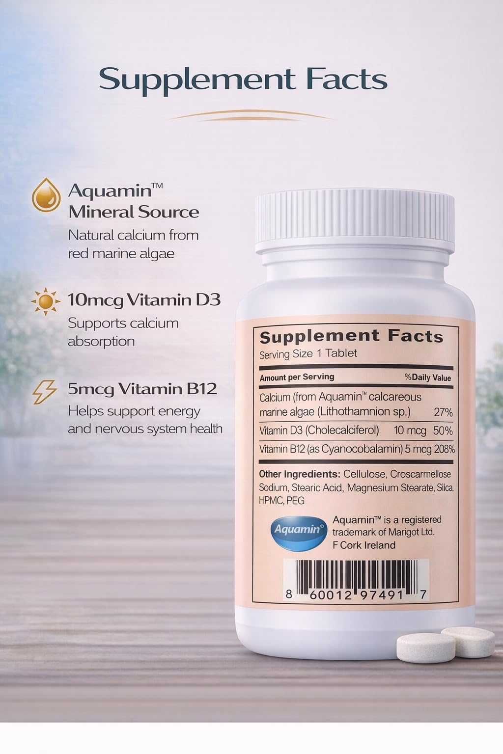 Giga Vita Aquamin Calcium with Vitamin D3 & Vitamin B12 – Bone, Joint & Energy Support – 60 Tablets