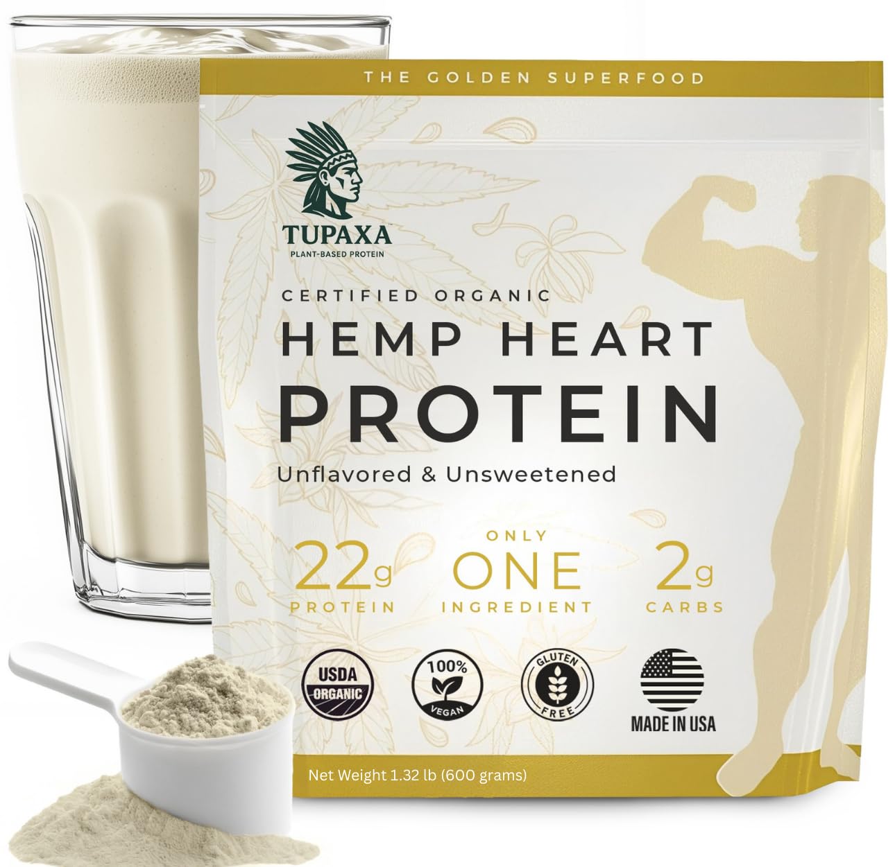 TUPAXA USDA Organic Hemp Protein Powder, Unflavored, 21.12 oz