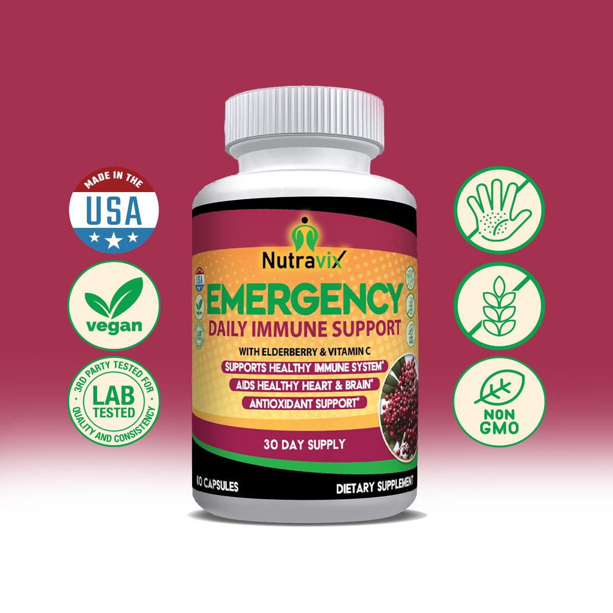 NutraviX Elderberry Immune Support 300mg Sambucus Nigra with Vitamin C, Zinc, Echinacea, Turmeric & Garlic – Antioxidant Immune Support Supplement – 60 Capsules
