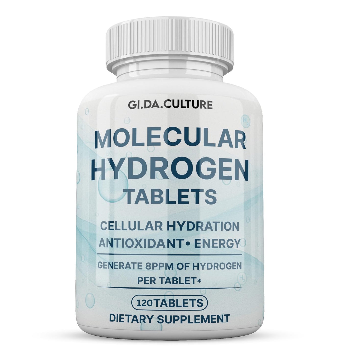 GI.DA.CULTURE Molecular Hydrogen Water Tablets (8 ppm) Magnesium, Malic & L-Tartaric Acid Hydration & Antioxidant Supplement, Energy Support, 120 Tablets