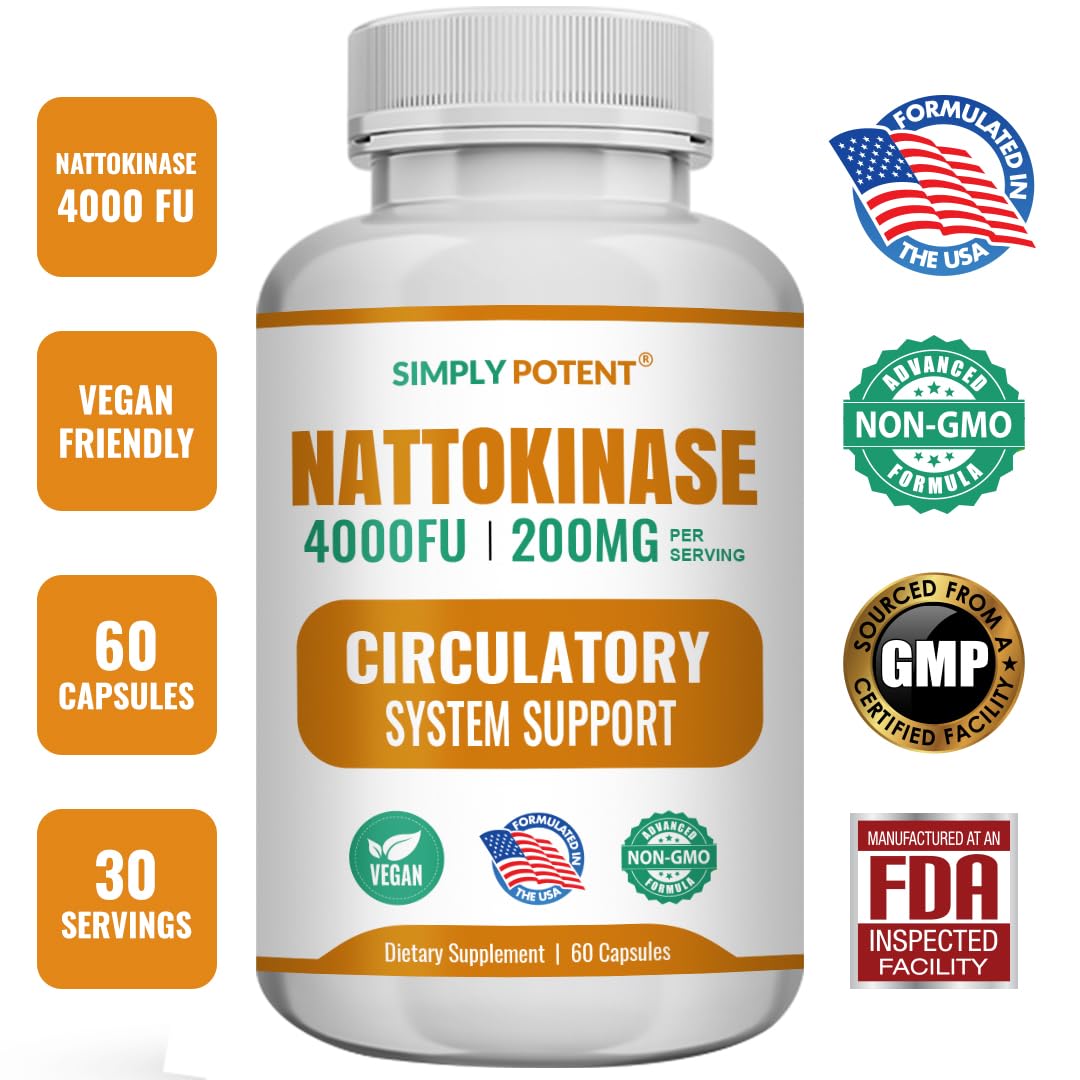 Simply Potent Nattokinase Supplement 200mg Per Serving (4000 FU Enzyme Activity) Capsules, 60 Count