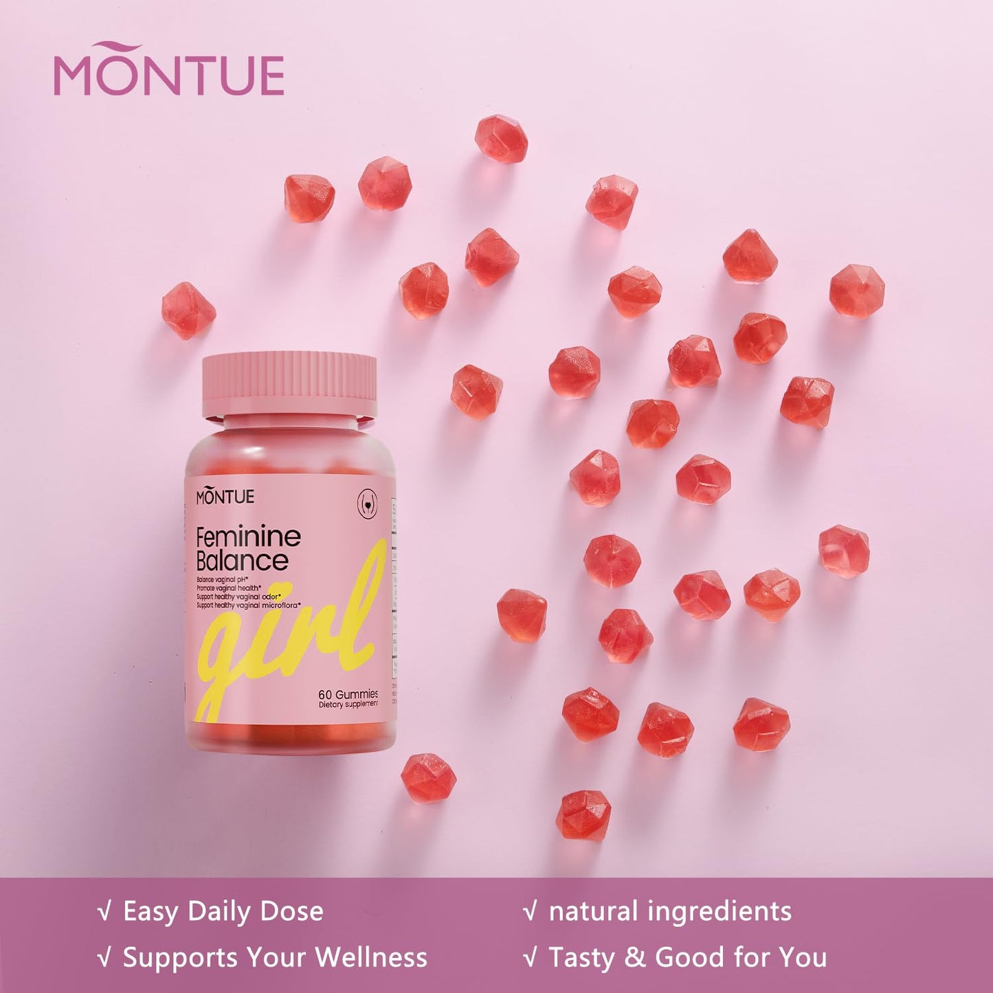 Montue Premium Feminine Balance Gummies with Prebiotics & Lactobacillus Probiotic Blend & Hawaiian Pineapple Immune Support, Vegan & Non-GMO, 120 Gummies