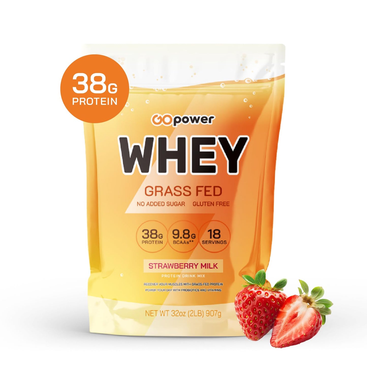 GOPOWER Whey Protein Powder with BCAAs, Grass Fed Protein Powder, 2 Pound, 32 Servings