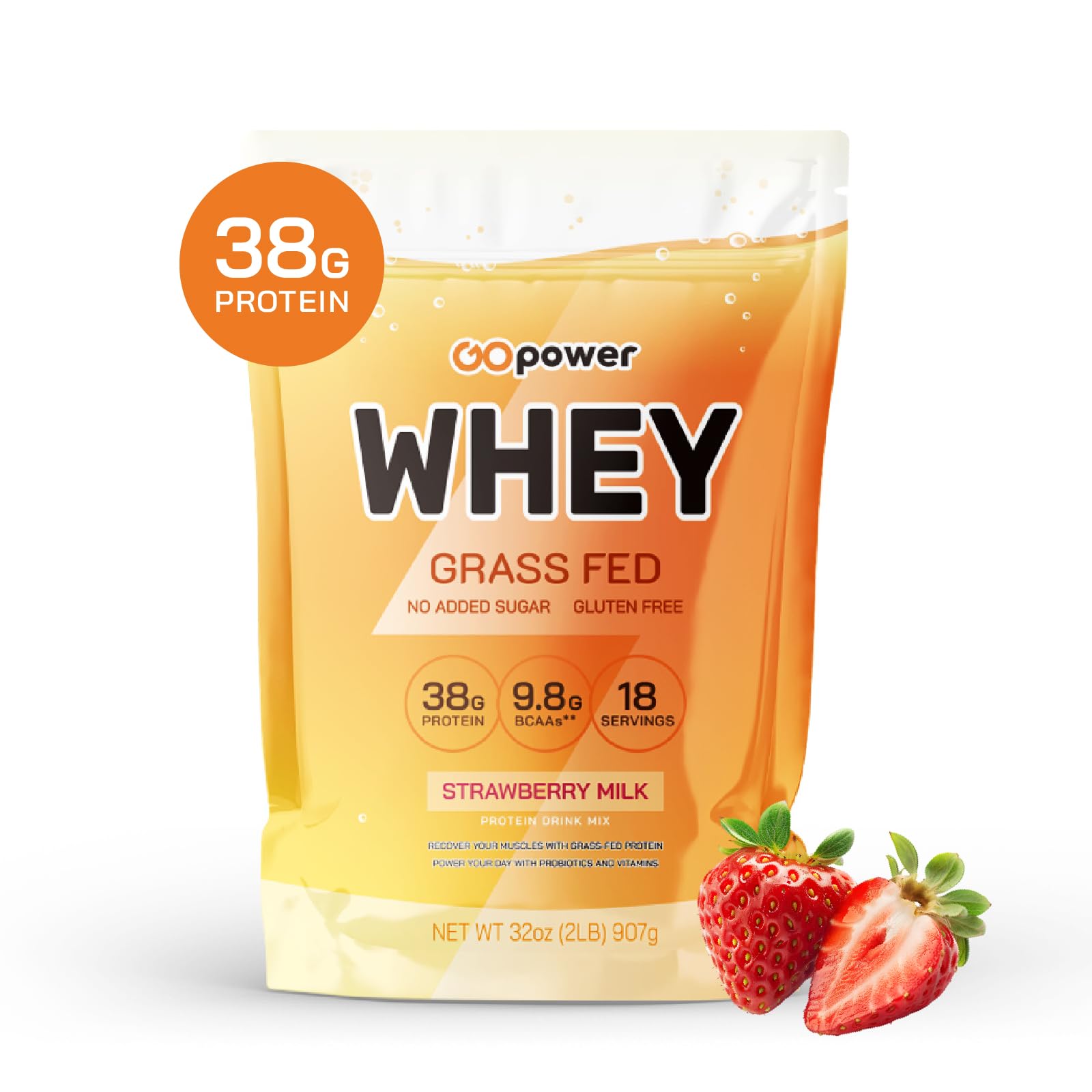 GOPOWER Whey Protein Powder with BCAAs, Grass Fed Protein Powder, 2 Pound, 32 Servings