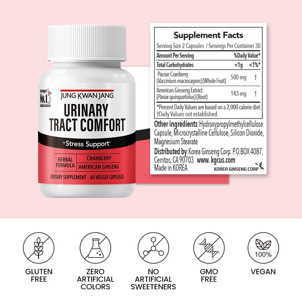 JUNG KWAN JANG Urinary Tract Comfort Formula with Pacran Cranberry 500mg, American Ginseng 143mg, 60 Capsules