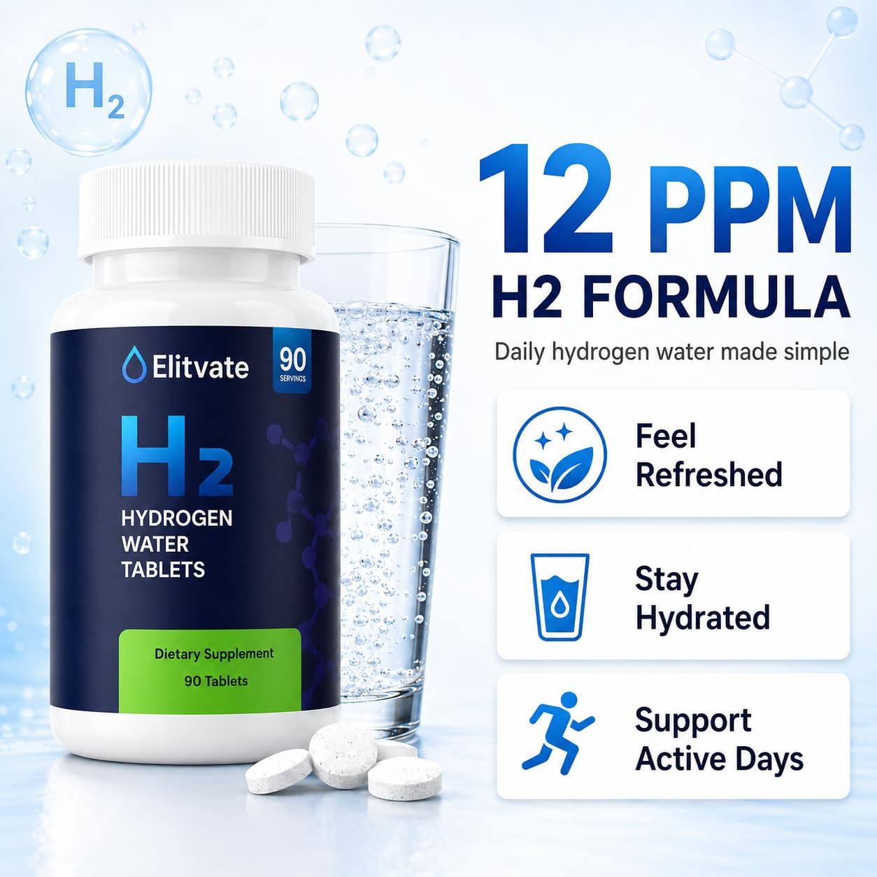 Elitvate Hydrogen Water Tablets with Magnesium, 90 Count