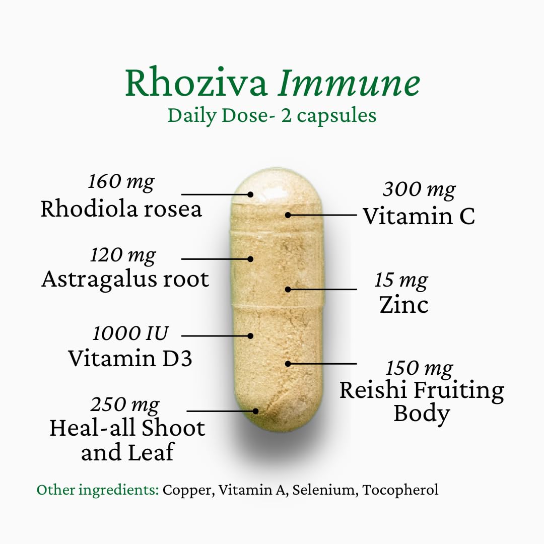 Rhoziva Immune Support, Energy Booster with Vitamin C, D3 and Zinc Supplement, Rhodiola Rosea, Reishi Mushroom Extract, Astragalus, Overall Wellness and Daily Habit 60 Capsules